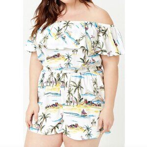 FOREVER 21 Plus Size Beach Motif Romper White Summer Print Off the Shoulder 3X